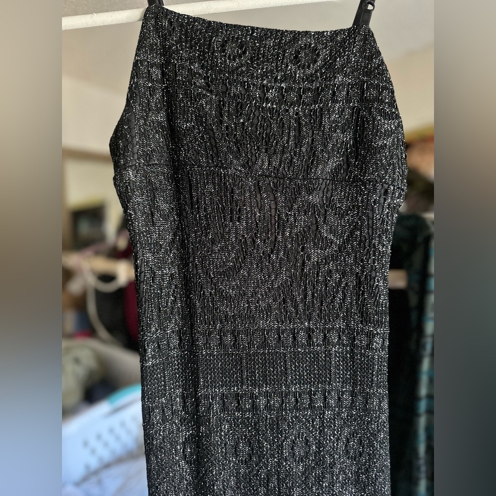 Vintage Y2K 90s Crochet square neck line Hourglass Black Maxi Dress Size Medium